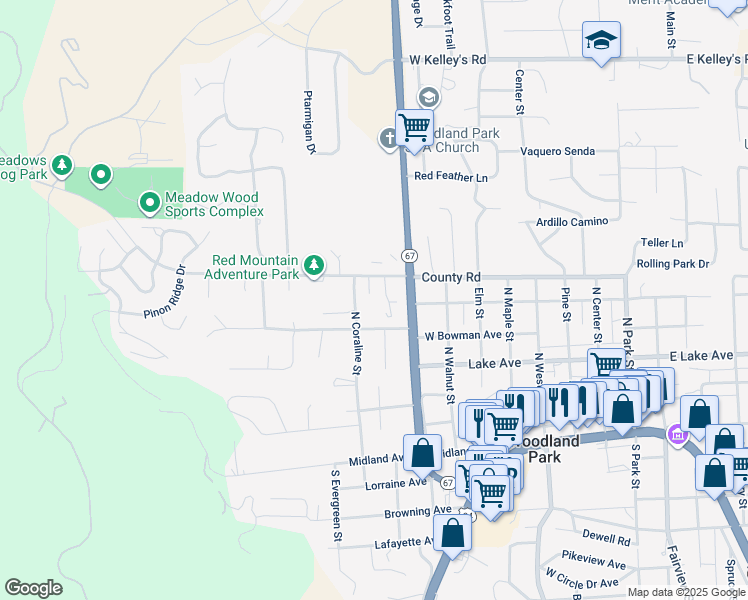 map of restaurants, bars, coffee shops, grocery stores, and more near 930 West Bowman Avenue in Woodland Park