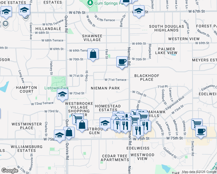 map of restaurants, bars, coffee shops, grocery stores, and more near 7136 Flint Drive in Shawnee