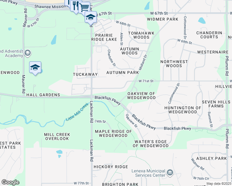 map of restaurants, bars, coffee shops, grocery stores, and more near 14815 West 71st Terrace in Shawnee