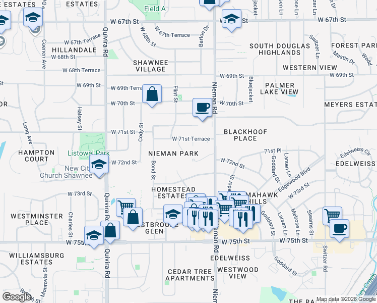 map of restaurants, bars, coffee shops, grocery stores, and more near 7130 King Street in Shawnee
