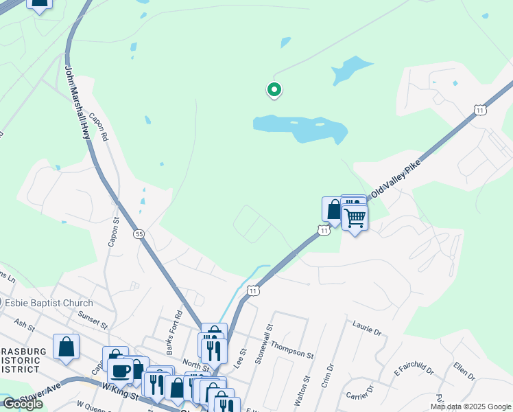 map of restaurants, bars, coffee shops, grocery stores, and more near 33227 Old Valley Pike in Strasburg