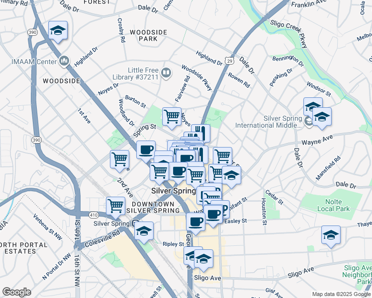 map of restaurants, bars, coffee shops, grocery stores, and more near 1000 Spring Street in Silver Spring