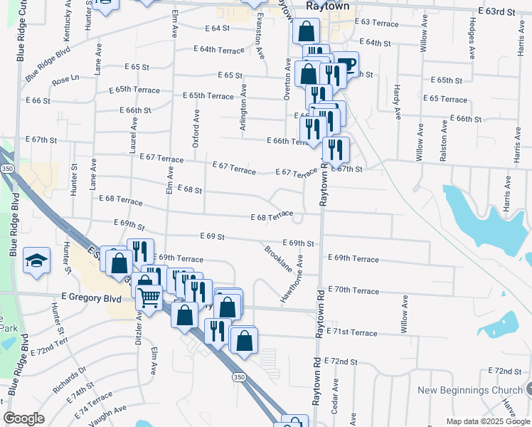 map of restaurants, bars, coffee shops, grocery stores, and more near 9704 East 68 Terrace in Raytown