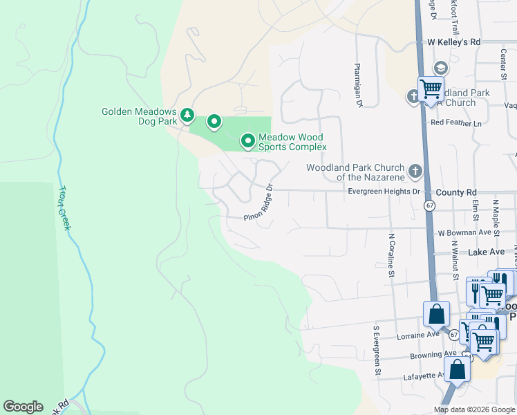 map of restaurants, bars, coffee shops, grocery stores, and more near 640 Pinon Ridge Drive in Woodland Park
