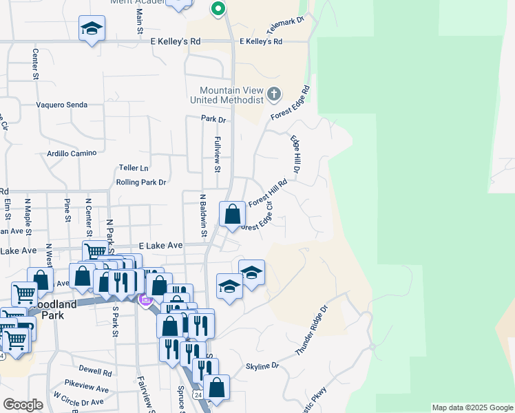 map of restaurants, bars, coffee shops, grocery stores, and more near 955 Forest Hill Road in Woodland Park