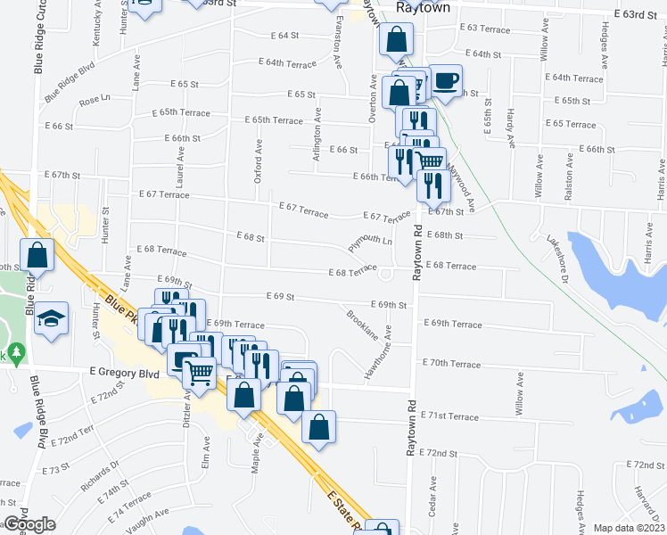 map of restaurants, bars, coffee shops, grocery stores, and more near 9608 East 68 Terrace in Raytown