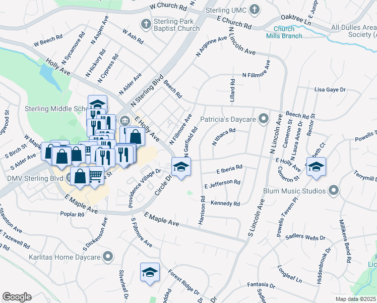 map of restaurants, bars, coffee shops, grocery stores, and more near 104 North Garfield Road in Sterling