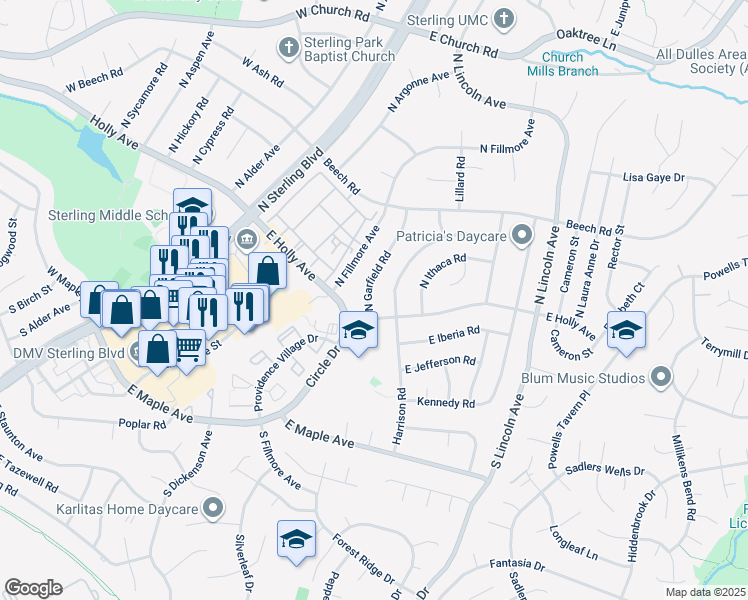 map of restaurants, bars, coffee shops, grocery stores, and more near 104 North Garfield Road in Sterling