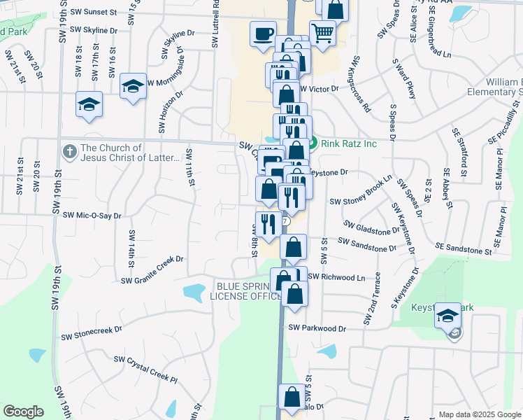 map of restaurants, bars, coffee shops, grocery stores, and more near 1901 Southwest 8th Street in Blue Springs