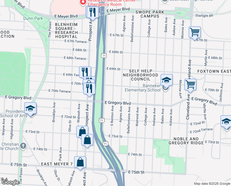 map of restaurants, bars, coffee shops, grocery stores, and more near 7030 Agnes Avenue in Kansas City
