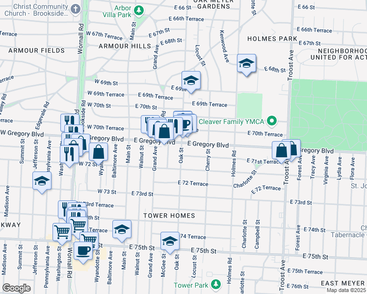 map of restaurants, bars, coffee shops, grocery stores, and more near 408 East 71st Terrace in Kansas City