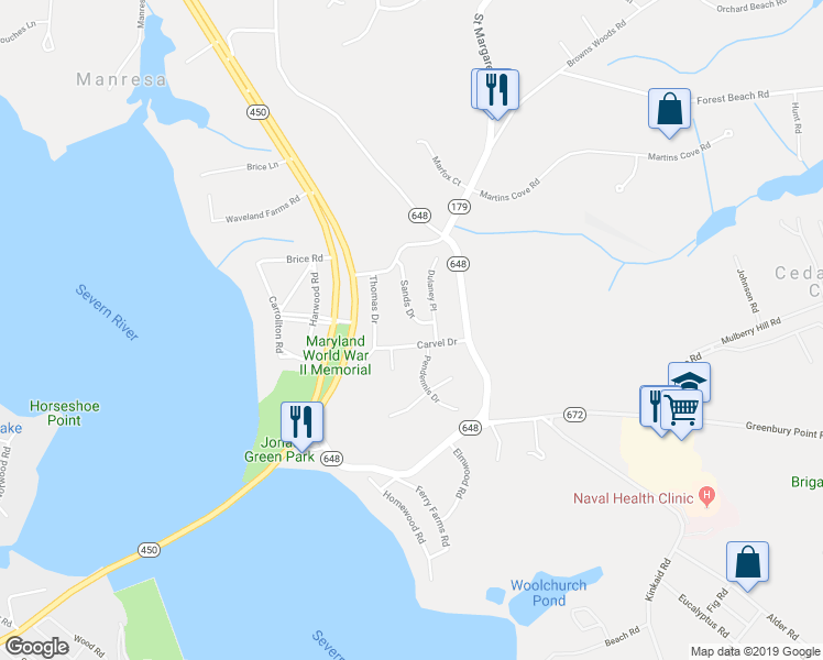map of restaurants, bars, coffee shops, grocery stores, and more near 21 Carvel Drive in Annapolis