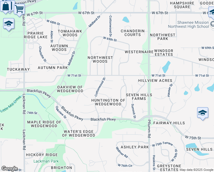 map of restaurants, bars, coffee shops, grocery stores, and more near 13924 71st Place in Shawnee