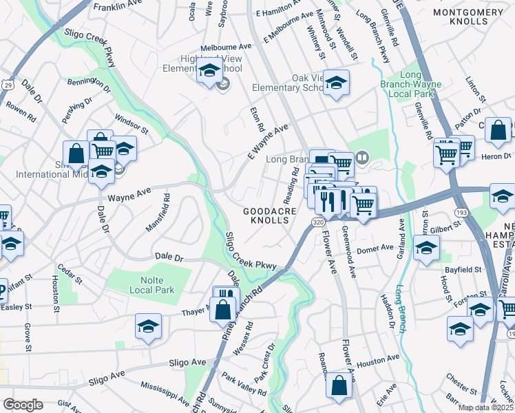 map of restaurants, bars, coffee shops, grocery stores, and more near 8601 Manchester Road in Silver Spring