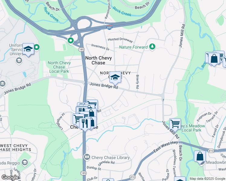 map of restaurants, bars, coffee shops, grocery stores, and more near 3700 Jones Bridge Road in Chevy Chase