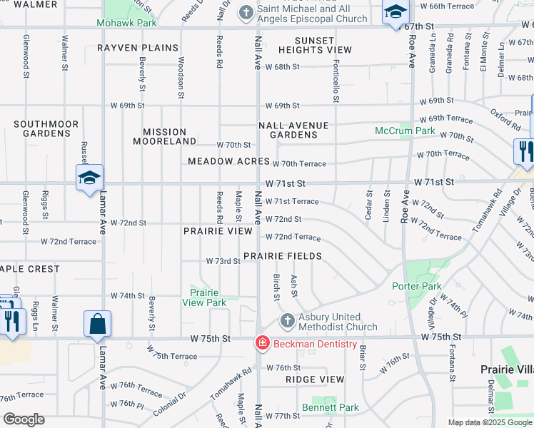 map of restaurants, bars, coffee shops, grocery stores, and more near 5409 West 72nd Street in Prairie Village