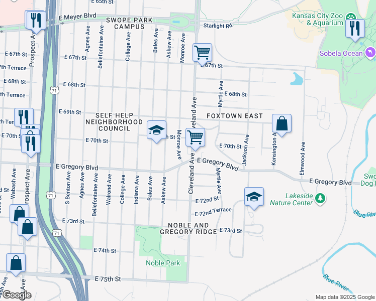 map of restaurants, bars, coffee shops, grocery stores, and more near 7022 Cleveland Avenue in Kansas City