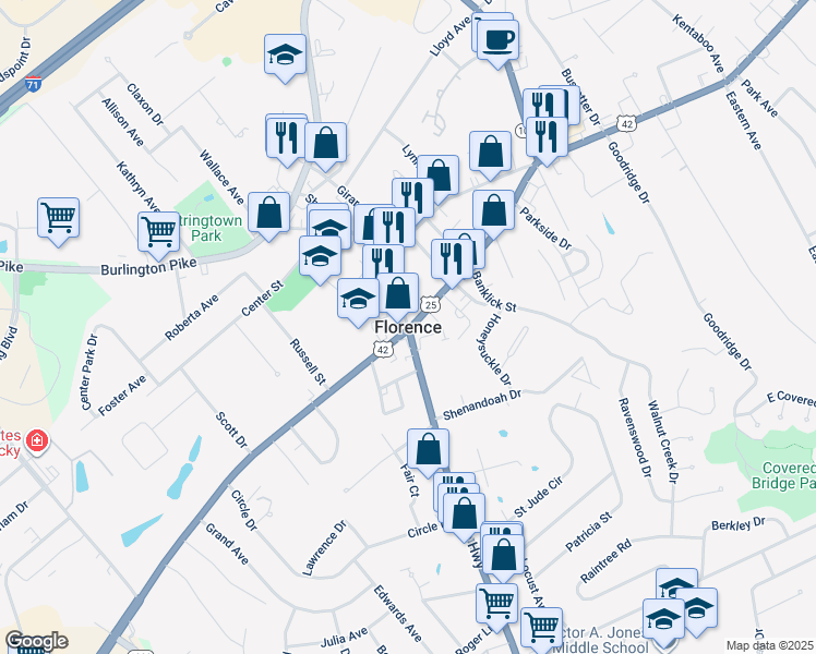 map of restaurants, bars, coffee shops, grocery stores, and more near in Florence