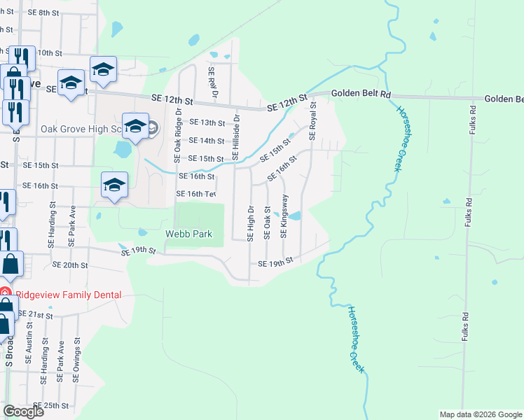 map of restaurants, bars, coffee shops, grocery stores, and more near 1615 Southeast High Drive in Oak Grove
