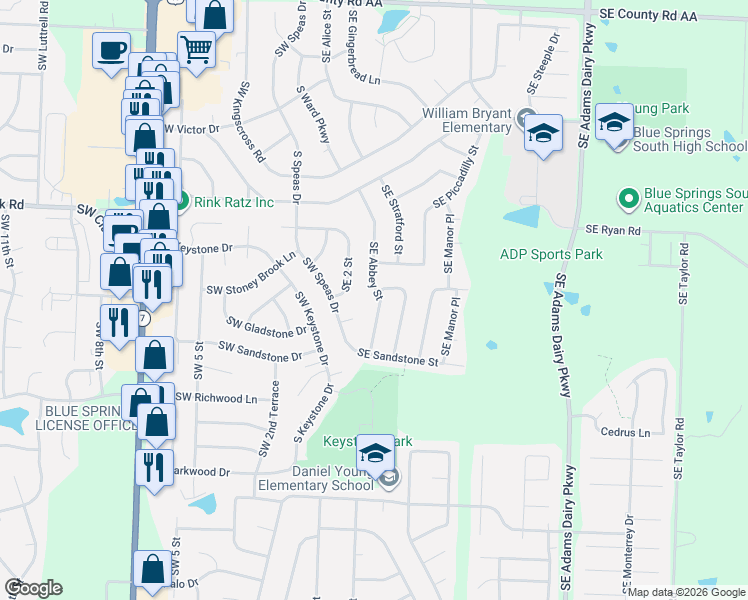 map of restaurants, bars, coffee shops, grocery stores, and more near 1905 Southeast Abbey Street in Blue Springs