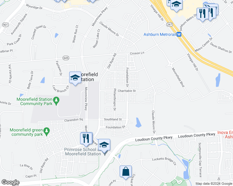 map of restaurants, bars, coffee shops, grocery stores, and more near 43425 Charitable Street in Ashburn
