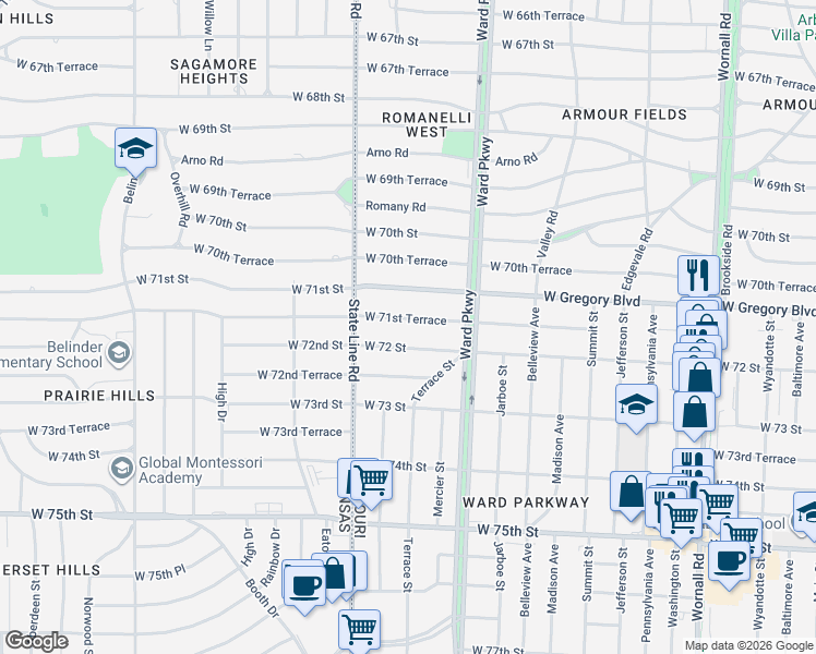 map of restaurants, bars, coffee shops, grocery stores, and more near 1228 West 72 Street in Kansas City