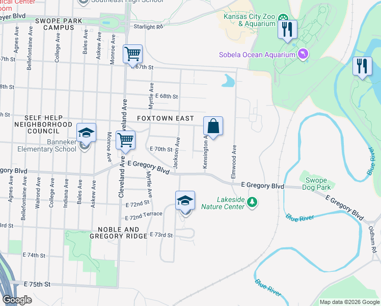 map of restaurants, bars, coffee shops, grocery stores, and more near 7020 Spruce Avenue in Kansas City