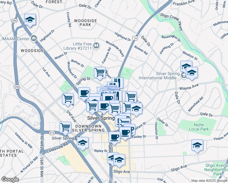 map of restaurants, bars, coffee shops, grocery stores, and more near 1000 Spring Street in Silver Spring