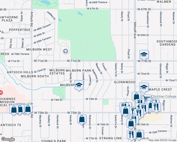 map of restaurants, bars, coffee shops, grocery stores, and more near 7209 Lowell Drive in Overland Park