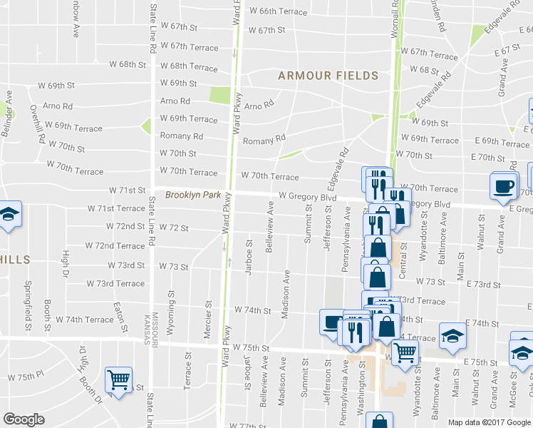 map of restaurants, bars, coffee shops, grocery stores, and more near 1009 West 71 Terrace in Kansas City
