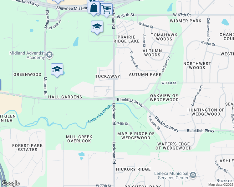 map of restaurants, bars, coffee shops, grocery stores, and more near 15025 West 71st Terrace in Shawnee