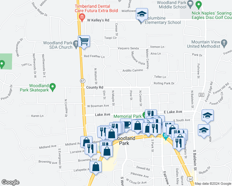 map of restaurants, bars, coffee shops, grocery stores, and more near 414 West Gunnison Avenue in Woodland Park