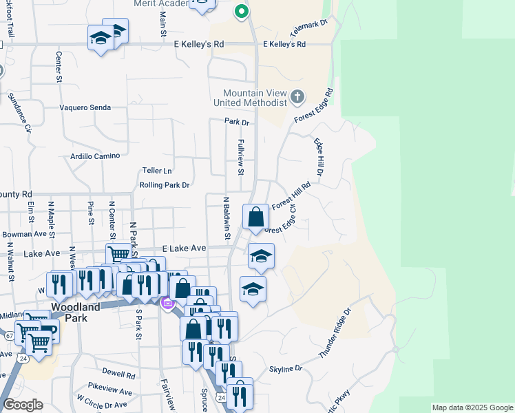map of restaurants, bars, coffee shops, grocery stores, and more near 505 Forest Edge Road in Woodland Park