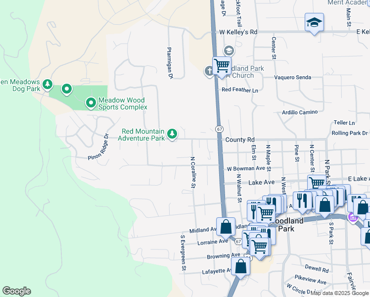 map of restaurants, bars, coffee shops, grocery stores, and more near 1020 West Bowman Avenue in Woodland Park