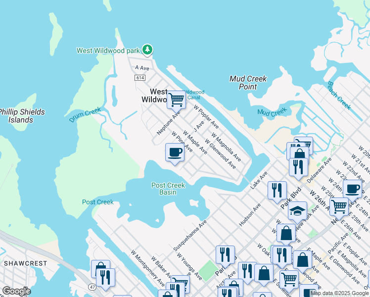 map of restaurants, bars, coffee shops, grocery stores, and more near 204 Q Avenue in Wildwood