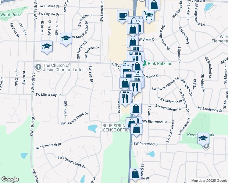 map of restaurants, bars, coffee shops, grocery stores, and more near 1901 Southwest 8th Street in Blue Springs