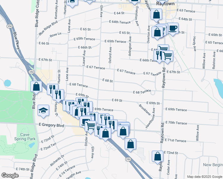 map of restaurants, bars, coffee shops, grocery stores, and more near 9351 East 68 Terrace in Raytown
