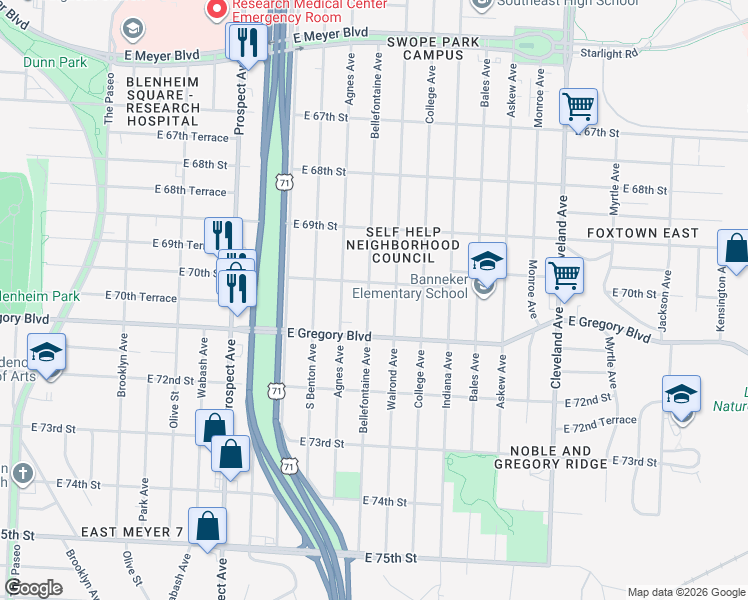map of restaurants, bars, coffee shops, grocery stores, and more near 7031 Bellefontaine Avenue in Kansas City