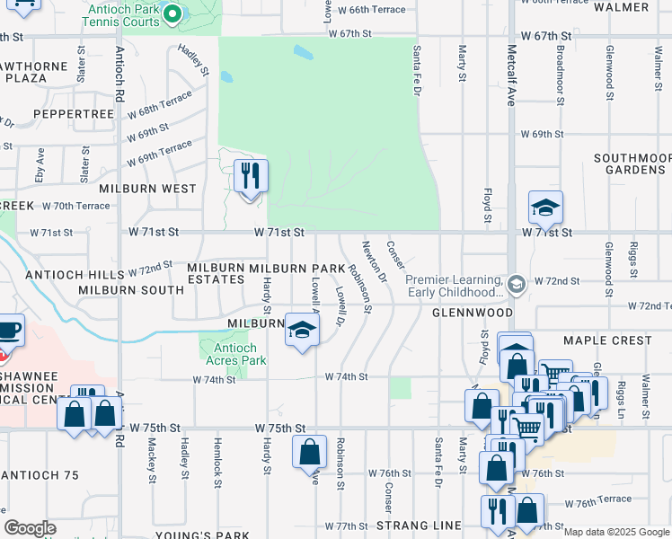map of restaurants, bars, coffee shops, grocery stores, and more near 7209 Lowell Drive in Overland Park