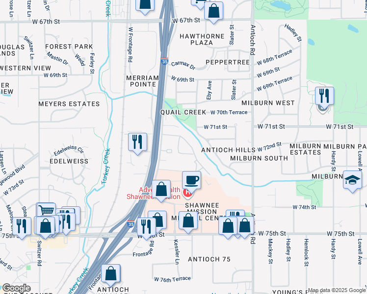 map of restaurants, bars, coffee shops, grocery stores, and more near 9109 West 72nd Street in Merriam