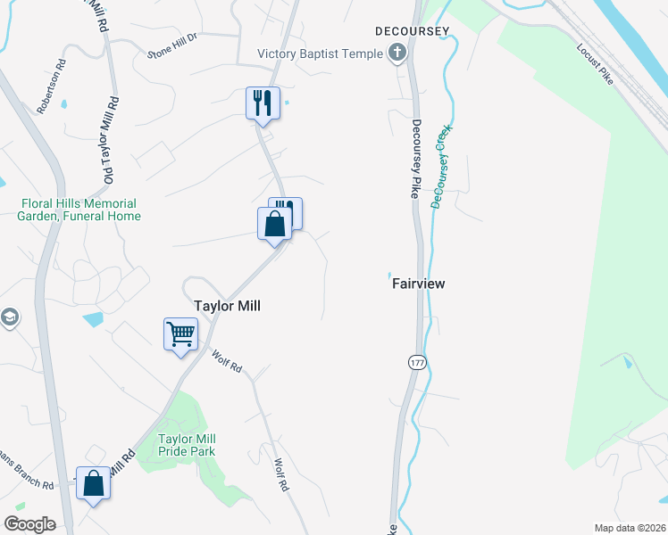 map of restaurants, bars, coffee shops, grocery stores, and more near 668 Ridgeway Drive in Taylor Mill