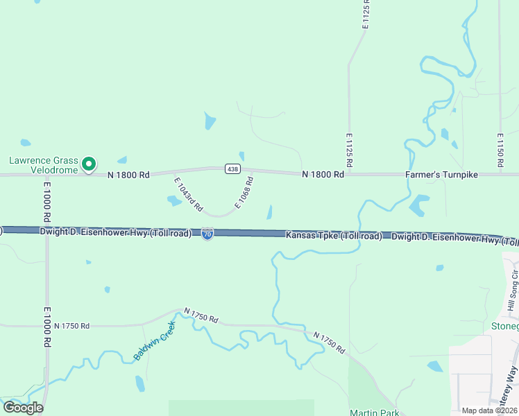 map of restaurants, bars, coffee shops, grocery stores, and more near 1788 East 1068 Road in Lawrence