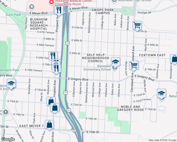 map of restaurants, bars, coffee shops, grocery stores, and more near 7031 Bellefontaine Avenue in Kansas City
