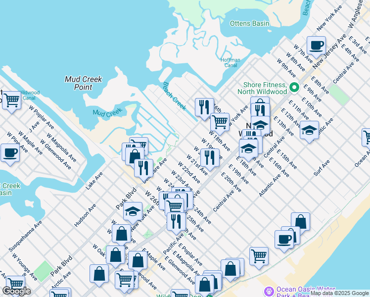 map of restaurants, bars, coffee shops, grocery stores, and more near 212 West 21st Avenue in North Wildwood