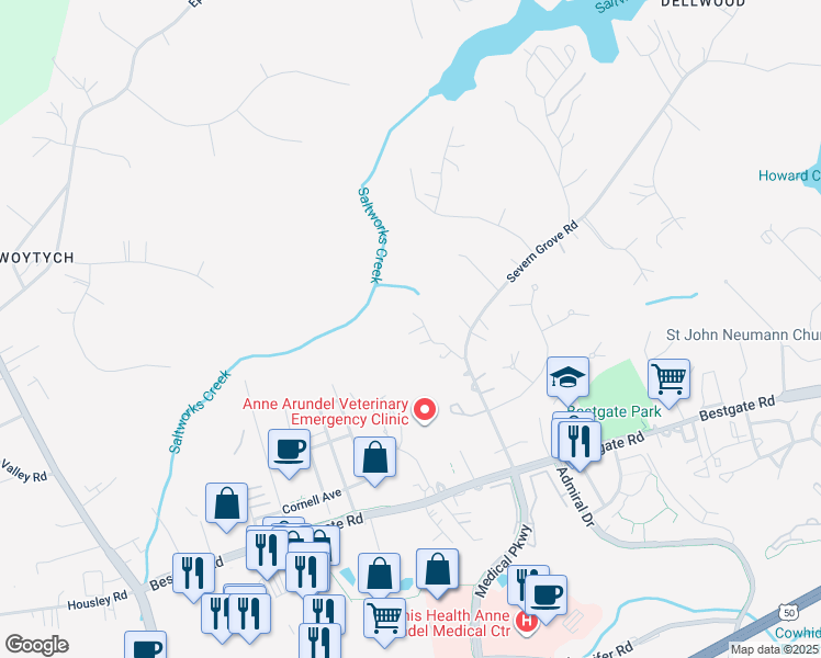 map of restaurants, bars, coffee shops, grocery stores, and more near 206 Kirchner Court in Annapolis