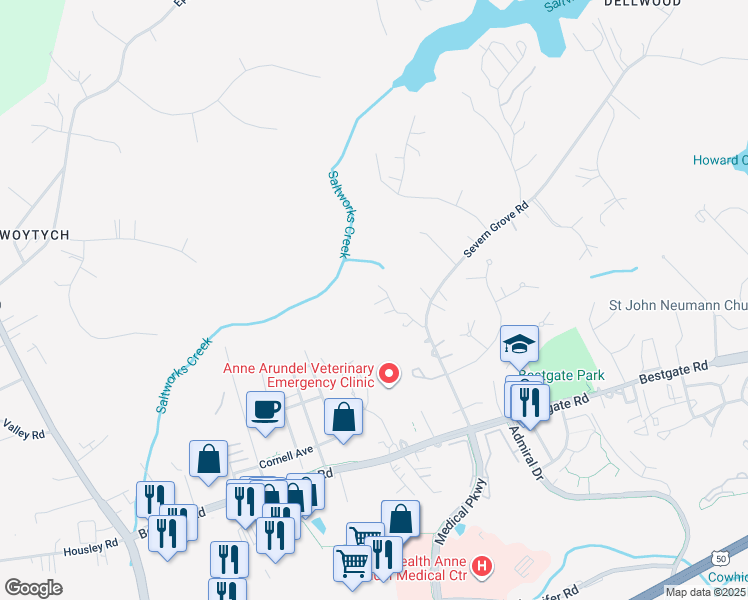 map of restaurants, bars, coffee shops, grocery stores, and more near 206 Kirchner Court in Annapolis