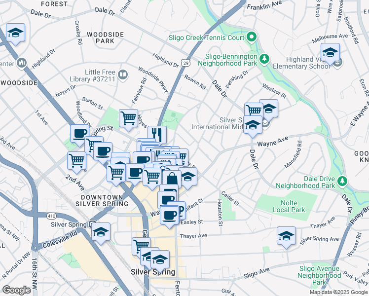 map of restaurants, bars, coffee shops, grocery stores, and more near 30 Ellsworth Heights Street in Silver Spring