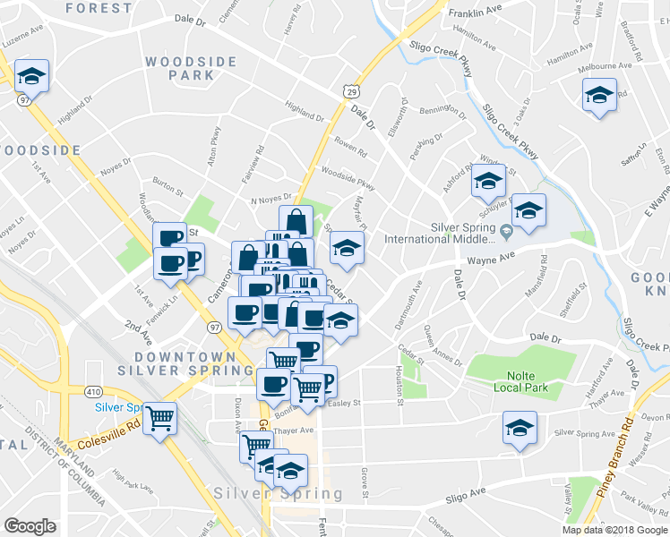 map of restaurants, bars, coffee shops, grocery stores, and more near 30 Ellsworth Heights Street in Silver Spring