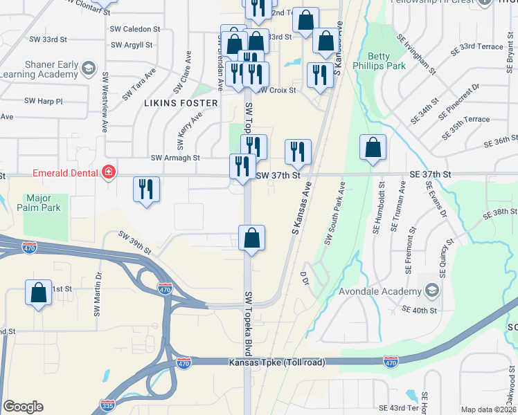 map of restaurants, bars, coffee shops, grocery stores, and more near 3732 Southwest Topeka Boulevard in Topeka