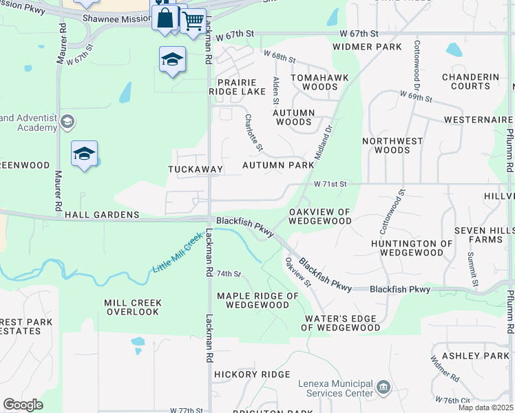 map of restaurants, bars, coffee shops, grocery stores, and more near 14815 West 71st Terrace in Shawnee